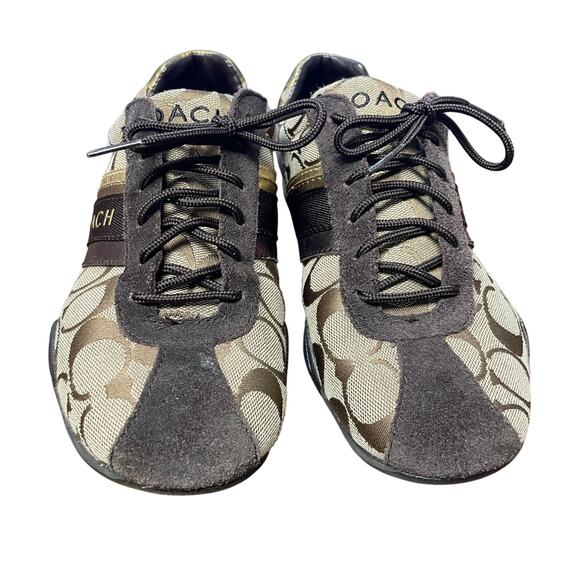 Coach Signature Canvas Logo Print Suede Trim Lace Up Jayme Sneaker Brown 7.5 - Picture 4 of 10